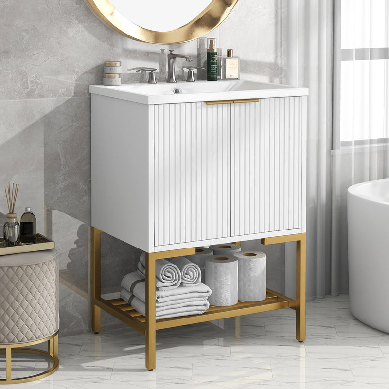 24 Inches Bathroom Vanity With Two Doors And Gold Metal Frame, Open Storage Shelves