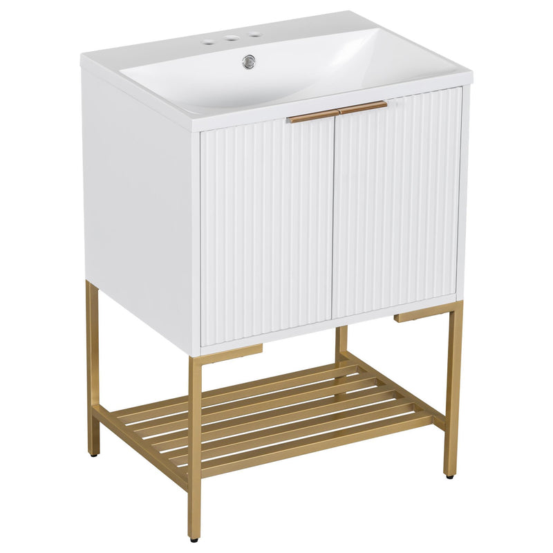 24 Inches Bathroom Vanity With Two Doors And Gold Metal Frame, Open Storage Shelves