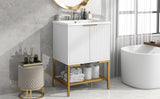 24 Inches Bathroom Vanity With Two Doors And Gold Metal Frame, Open Storage Shelves