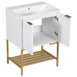 24 Inches Bathroom Vanity With Two Doors And Gold Metal Frame, Open Storage Shelves