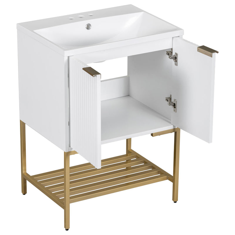 24 Inches Bathroom Vanity With Two Doors And Gold Metal Frame, Open Storage Shelves