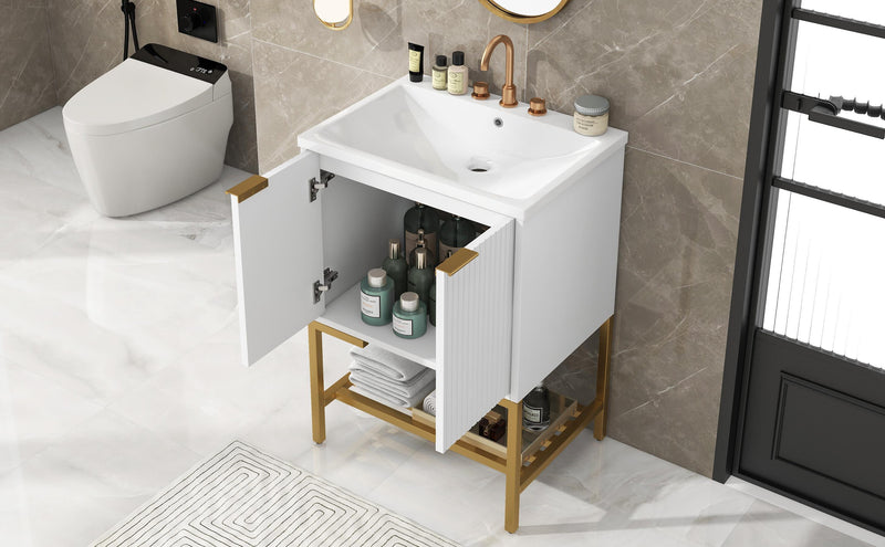 24 Inches Bathroom Vanity With Two Doors And Gold Metal Frame, Open Storage Shelves