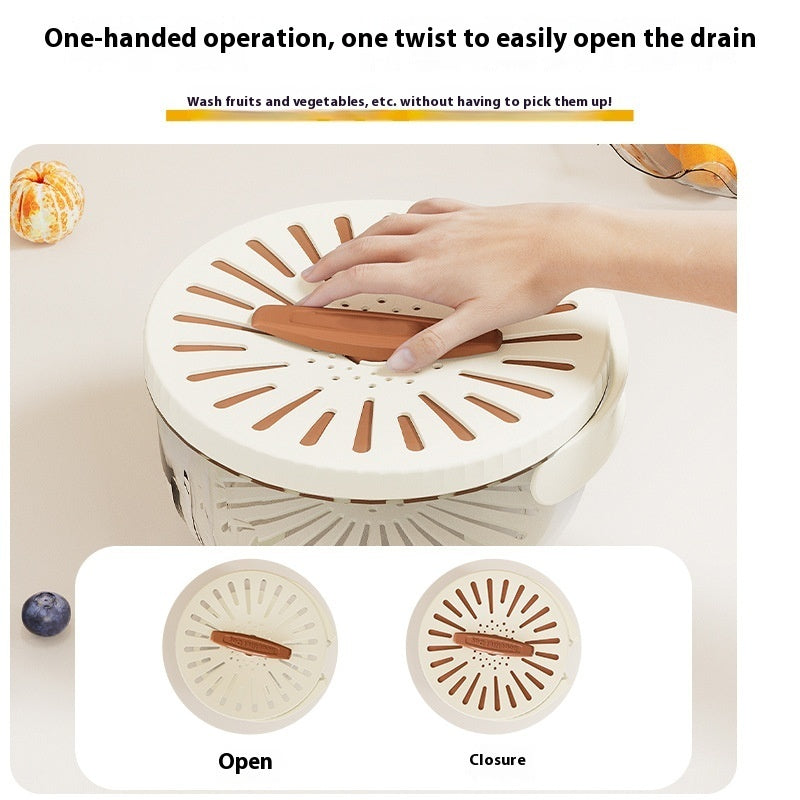 Fruit Drain Basket With Lid Vegetable Washing Bowl Foldable Handle