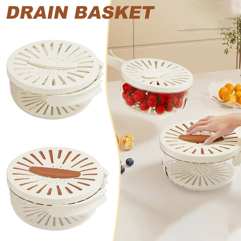 Fruit Drain Basket With Lid Vegetable Washing Bowl Foldable Handle